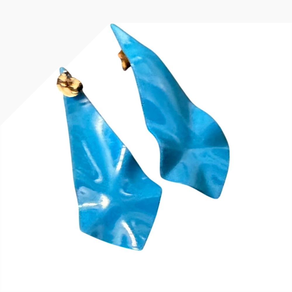 Blue Enamel Wavy Abstract Geometric‎ Drop Statement Earrings Post Backs 80s